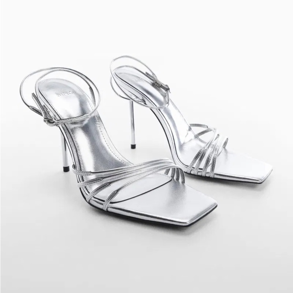 Mango Shiny Silver Strappy Heels
